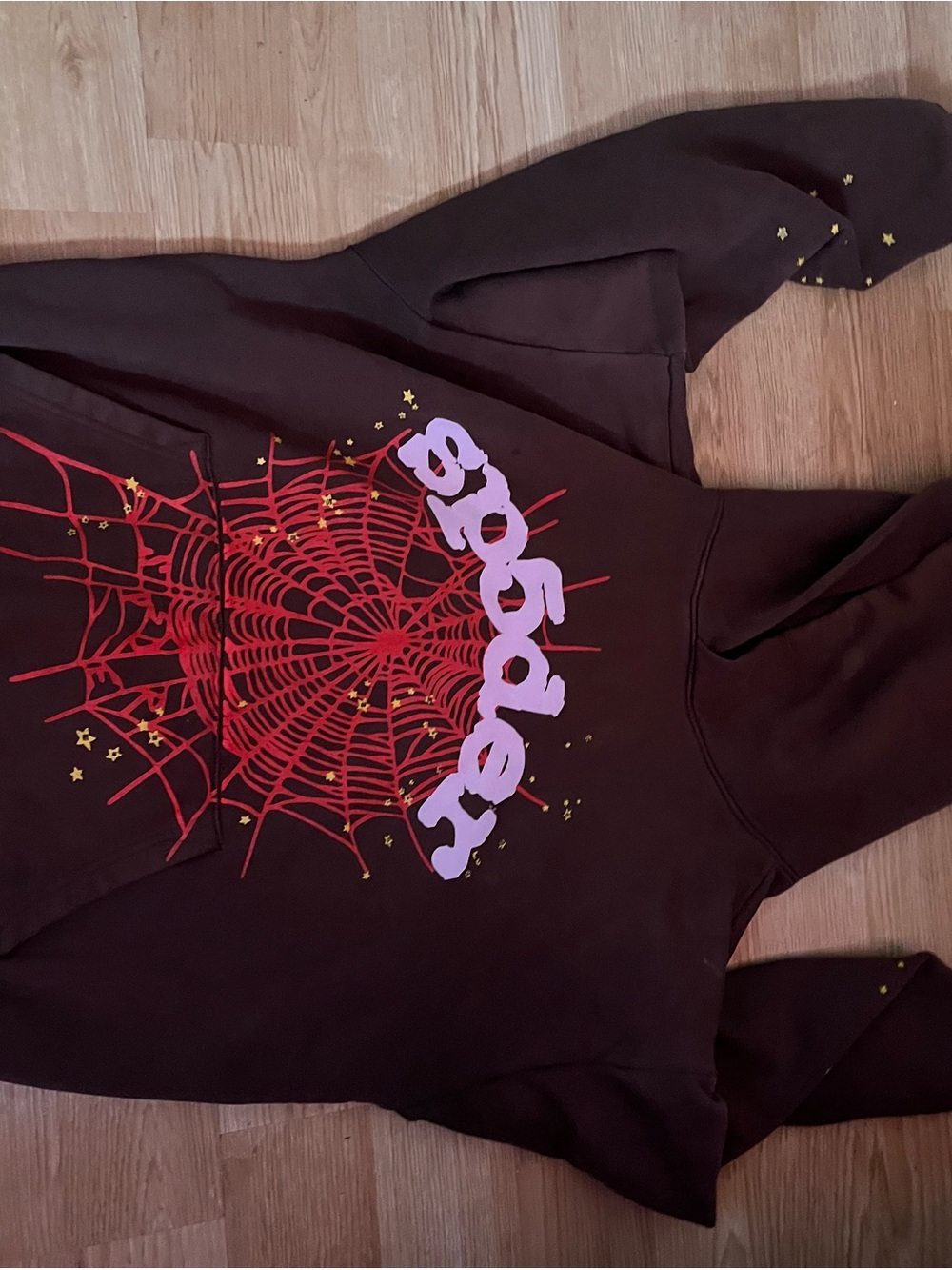 Brown Graphic Hoodie Sweatshirt with Red Web Design